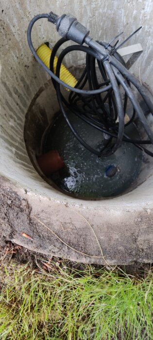 Vy av pumpbrunn med kablar och grumligt vatten, omgiven av grästäckt mark.