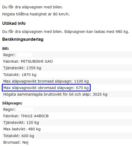 Skärmdump av Släpvagnskalkylatorn med specifikationer för bil och släpvagns vikter.