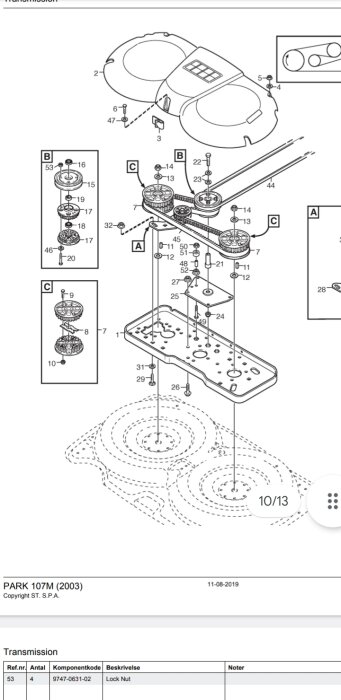 Exploderad diagramvy av åkgräsklipparens transmission med märkningar och delnummer.