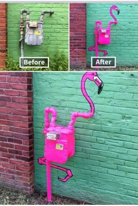 Gasledningsanordning före och efter omvandling till en flamboyant rosa flamingo på en grön vägg.