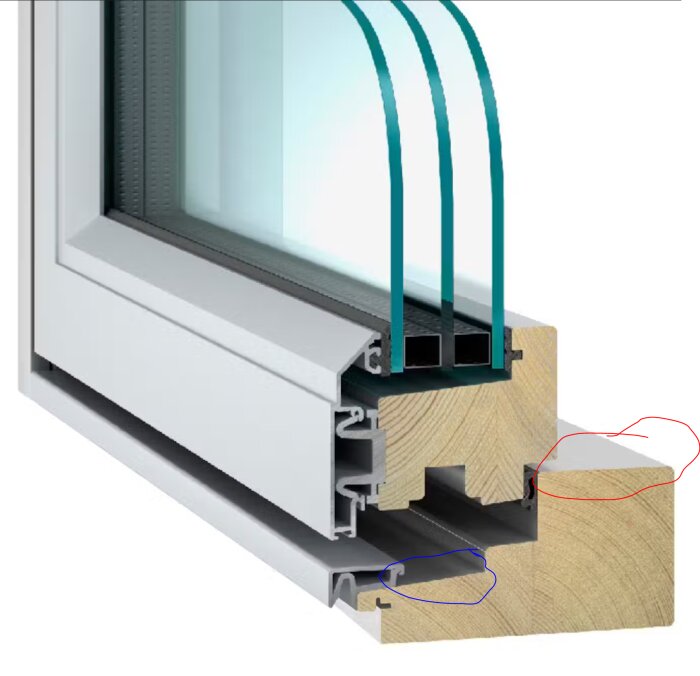 Sektion av ett fönster med markeringar som visar potentiellt läckage vid aluminiumlist och tätning.