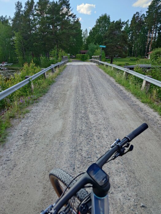 Vy från cykelsadel över en grusväg som sträcker sig genom skogsmiljö med räcken och en sjö till vänster.