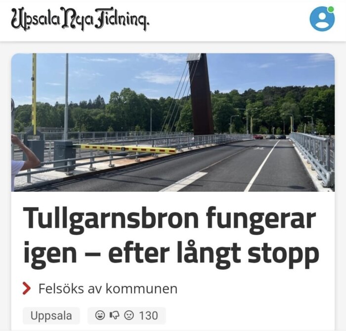 Tullgarnsbron i Uppsala med asfalterad vägbana, vita räcken och en gångbana med löpare.