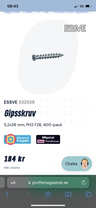 Gipsskruv från Essve på 5,2x38 mm i en 400-pack förpackning, prisinformation inkluderad.