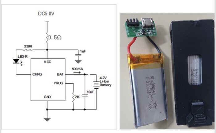 Kretsschema för laddare och LiPo-batteri bredvid en laddningskrets och ett obelastat batteri.