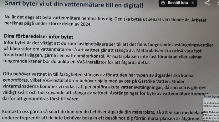 Dokument med information om byte av vattenmätare och förberedelser som husägaren behöver göra.