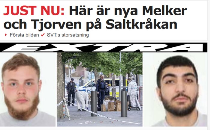 Nyhetsartikel om nya skådespelare för Melker och Tjorven med bild på brottsplats i bakgrunden.