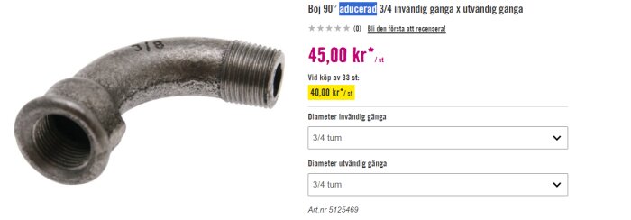 Bild på en 90 graders boj med 3/4 tum invändig och utvändig gänga, tillverkad i metall.