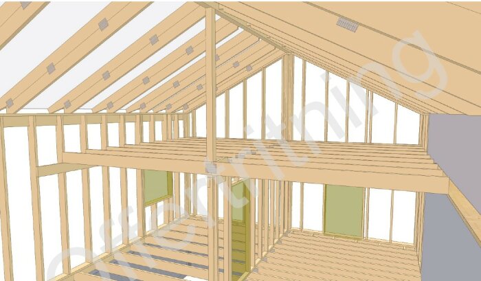 3D-modell av loft i trästomme med takbjälkar, 2,4m takhöjd i mitten, 27 graders lutning.