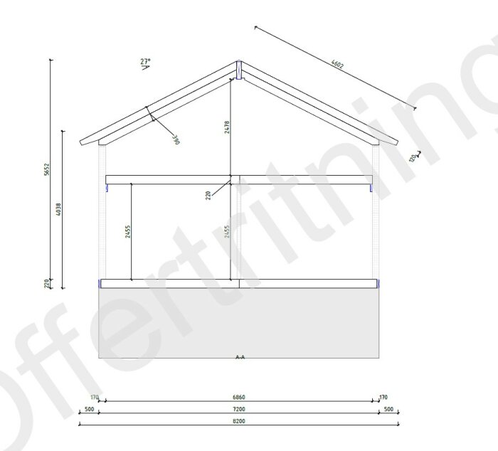 Ritning av en sommarstuga med mått på utbyggnad och loft, 2,4m i mitten och 27° taklutning.