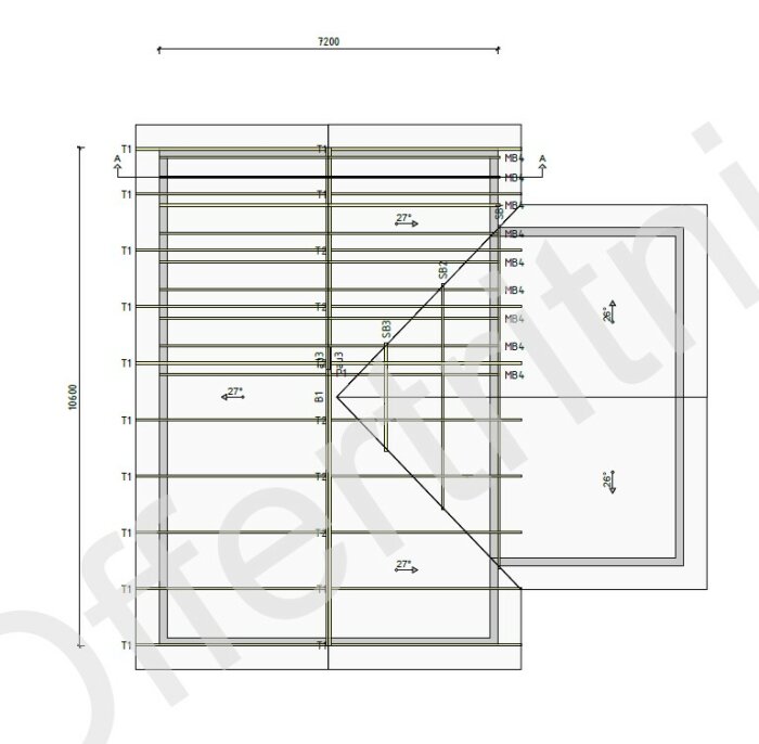 Ritning av loft i sommarstuga med måttangivelser, 2,4m takhöjd och 27 graders taklutning.