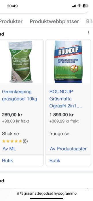 Förpackningar av Greenkeeping gräsgödsel och ROUNDUP gräsmatta ogräsfri produkter på en webbplats.