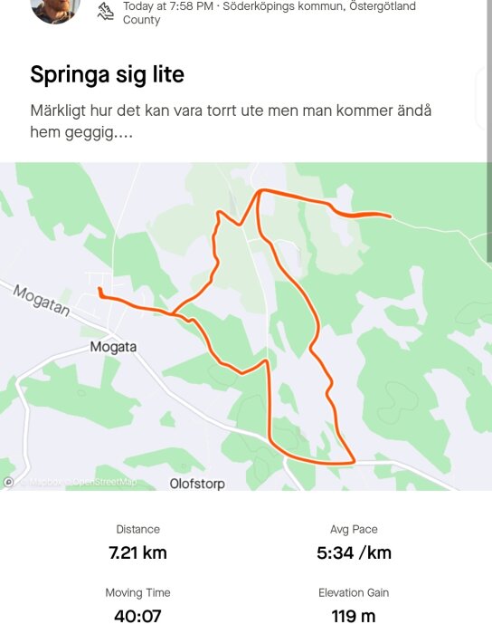 Skärmklipp av en löprunda på en karta med markerad rutt, statistik inklusive distans, tid och höjdskillnad.