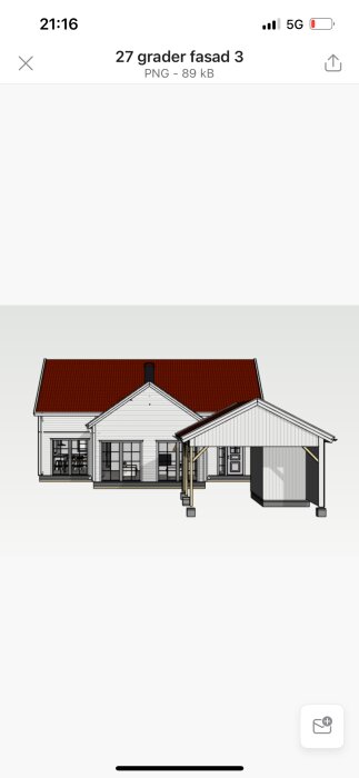 Digital ritning av ett nybyggt hus med intilliggande carport och förråd.
