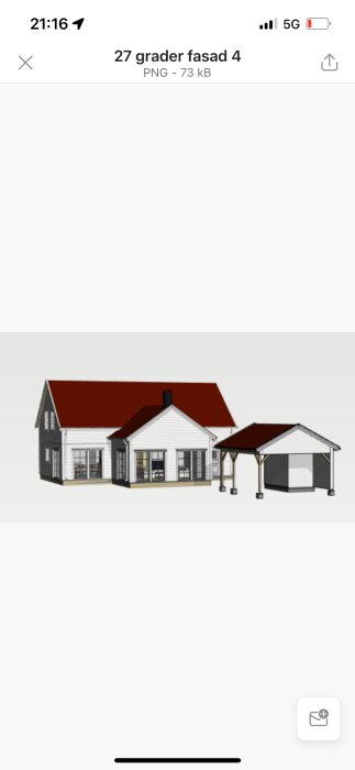 3D-rendering av traditionellt hus med tillhörande carport och förrådsbyggnad.