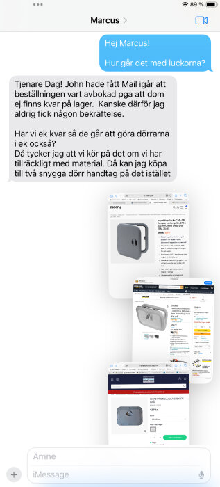 SMS-konversation om beställningsproblem för skåpdörrar och sökning av produkter på nätet.