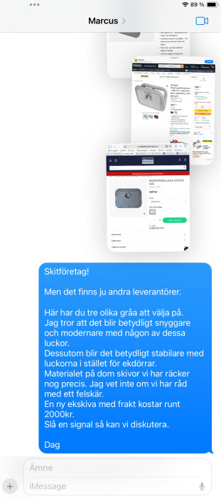 Skärmdump av SMS-konversation om val av gråa inspektionsluckor och online shopping för snickeriprojekt.