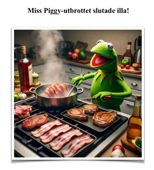 Kermit the Frog tillagar bacon och stekar kött i ett kök.