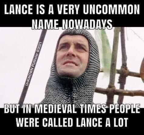 Humoristisk bild med text med en man i rustning, symbol för ordleken med namnet Lance och lansar.