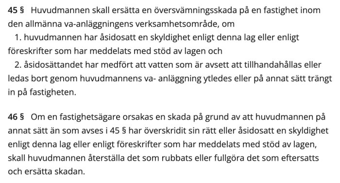 Textutdrag från lagen om allmänna vattentjänster om ersättning vid översvämningsskada.