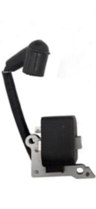 Tändspole till trimmer med ansluten tändkabel och tändhatt.