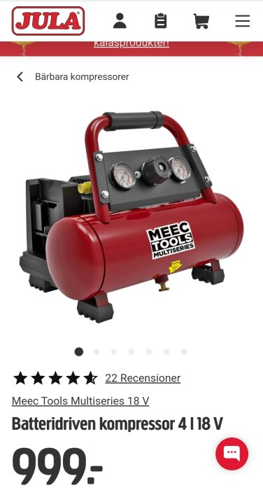 Röd bärbar Meec Tools Multiseries 18 V batteridriven kompressor 4 l 999 kronor.