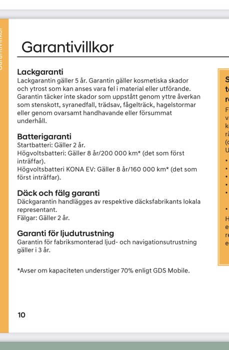 Svensk text som detaljerar olika garantivillkor för bilkomponenter och utrustning.