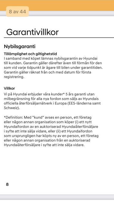 Skärmdump av dokument om garantivillkor för nybilsgaranti med fokus på tillämplighet, giltighetsperiod och villkor.