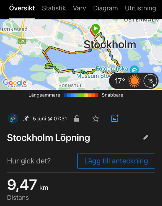 Karta över löprunda i Stockholm med markerad sträcka på 9,47 km och väderinformation som visar 17°C och soligt.