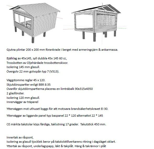 Tecknade illustrationer av en byggnad i snittvisning och en fristående bild på byggnadens grund med tekniska specifikationer.