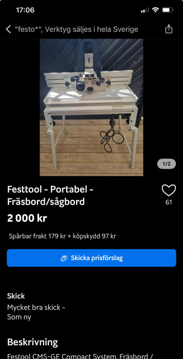 Festool portabelt fräsbord/sågbord till salu, mycket bra skick, utan fräs.