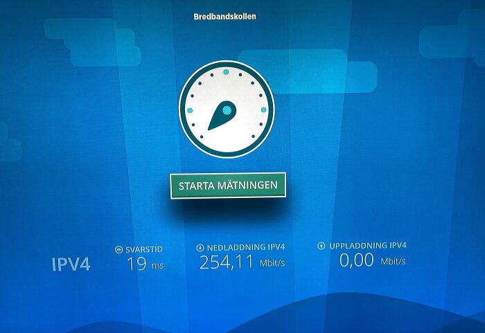 Skärmbild av Bredbandskollen med startknapp för hastighetstest, visar nedladdning på 254,11 Mbit/s.