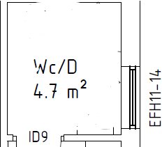 Ritning av ett litet badrum på 4.7 m² med beteckningen "WC/D", avsedd för inredningsdiskussion.