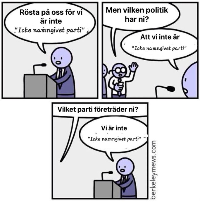 Serie med karaktärer som diskuterar politik med tema "Icke namngivet parti".