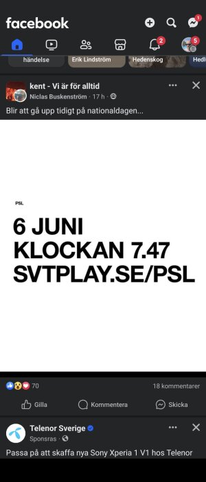 Skärmdump från Facebook som visar ett inlägg om Nationaldagen med texten "6 JUNI KLOCKAN 7.47 SVTPLAY.SE/PSL".