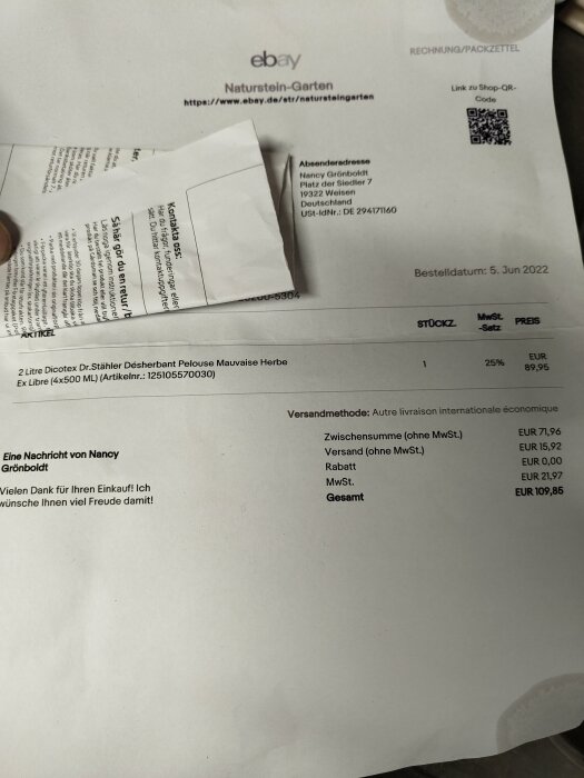 Kvitto från eBay på köp av 2 liter ogräsmedel för 89,95 euro med totalt pris på 109,85 euro, inklusive frakt och moms.