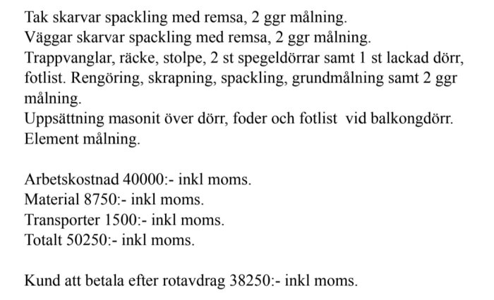 Offert för målning och fixering av väggar och tak inklusive specificerad arbetskostnad, material och totalpris.