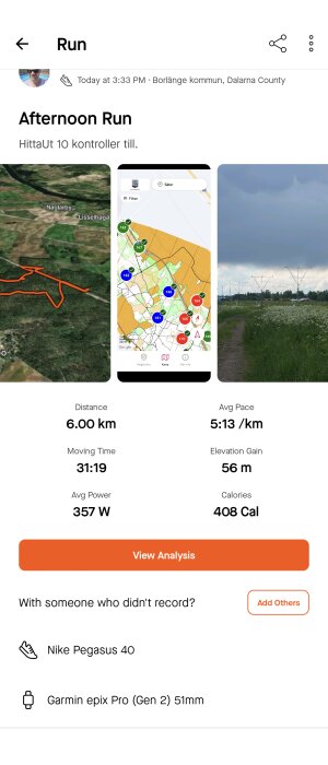 Skärmdump av löpningsapp med karta, statistik för 6 km löpning, och foto av löpstig.