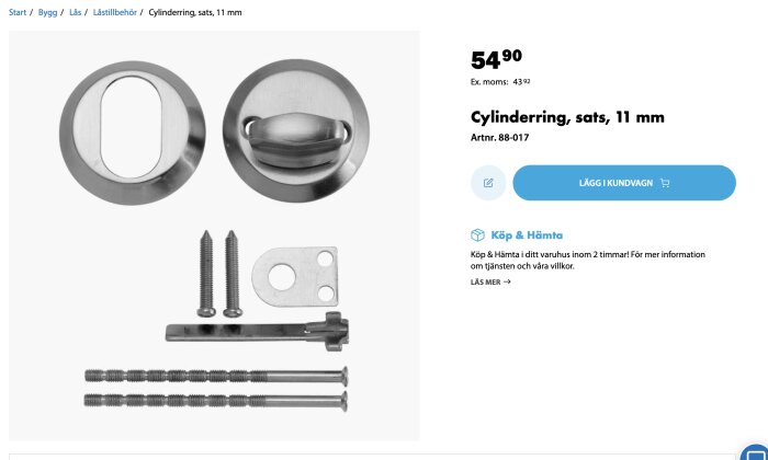 Cylinderlås-ringset på 11 mm med skruvar och fästplatta, visade fram- och baksida samt tillbehör.