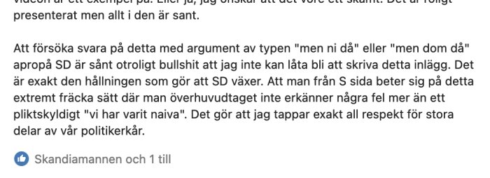 Skärmdump av diskussionsinlägg med text och en gilla-markering från användaren @Skandiamannen och en annan.