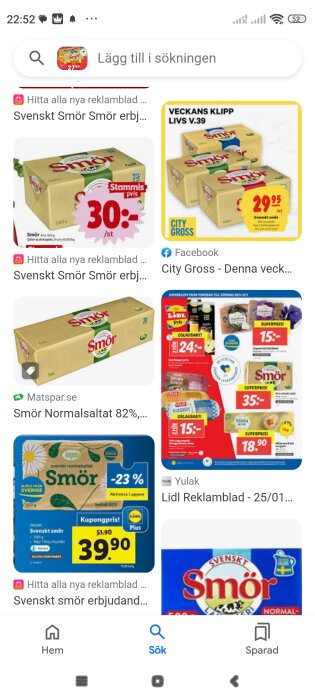 Skärmbild av reklamblad med erbjudanden för olika smörpaket.