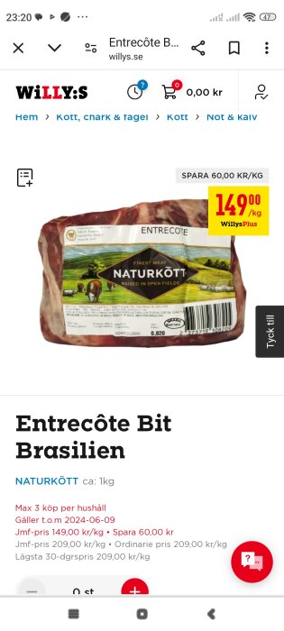 Förpackad entrecote naturkött med prisetikett, 149 kr/kg, specialerbjudande på Willys webbplats.