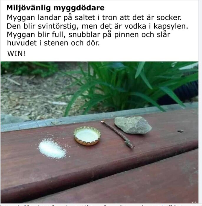 En hög med salt, en öppen flaska kapsyl med vätska och en pinne och sten på en träbräda som en fälla.