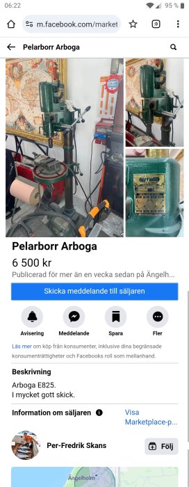 Pelarborrmaskin Arboga E825 i grönt, använt skick, med skruvstycke och teknisk specifikationsetikett.