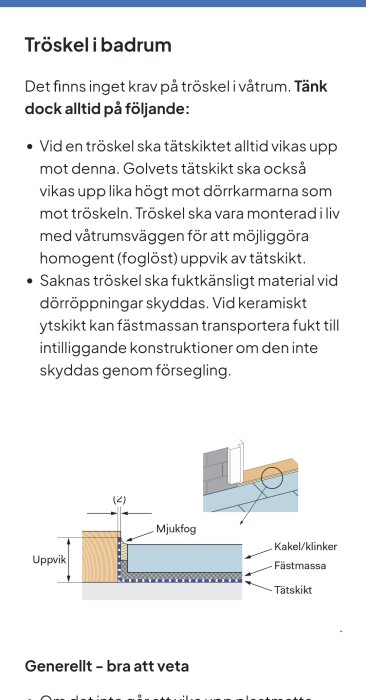 Illustration av hur tätning vid en dörrtröskel i badrum utförs med angivna komponenter som mjukfog, uppvik, kakel, och tätskikt.