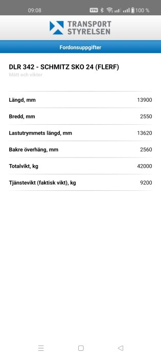 Skärmdump av Transportstyrelsens fordonuppgifter för DLR 342 - SCHMITZ SKO 24, inkluderar mått och viktdata.