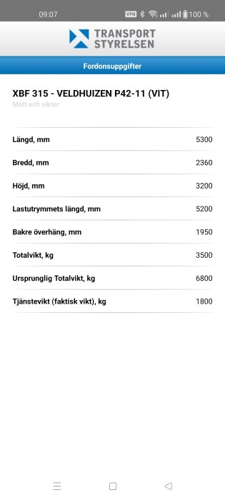 Skärmbild på fordonets specifikationer för en VELDHUIZEN P42-11 trailer från Transportstyrelsen.