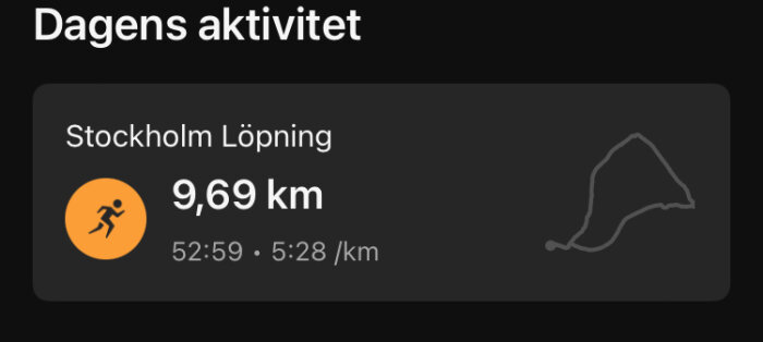 Aktivitetsöversikt: "Stockholm Löpning", sträcka 9,69 km, tid 52:59 och tempo 5:28/km, med ruttillustration.