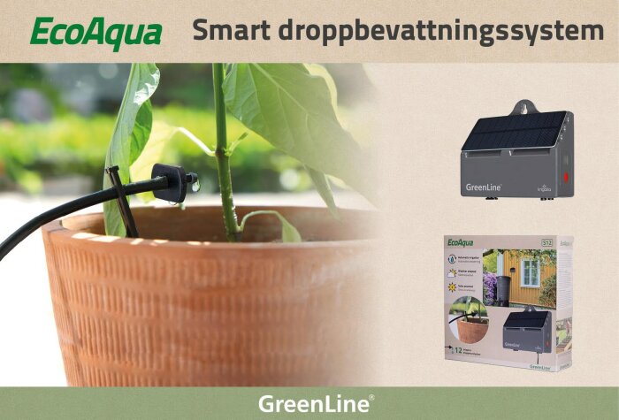 EcoAqua droppbevattningssystem från GreenLine med solpanel, droppmunstycke i kruka och produktförpackning.