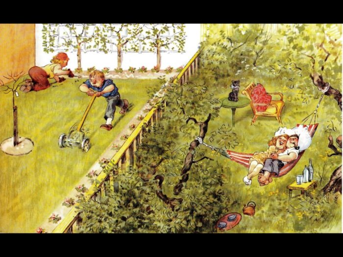 Illustration av människor i en trädgård, en som klipper gräs och ett par vilar i en hängmatta.